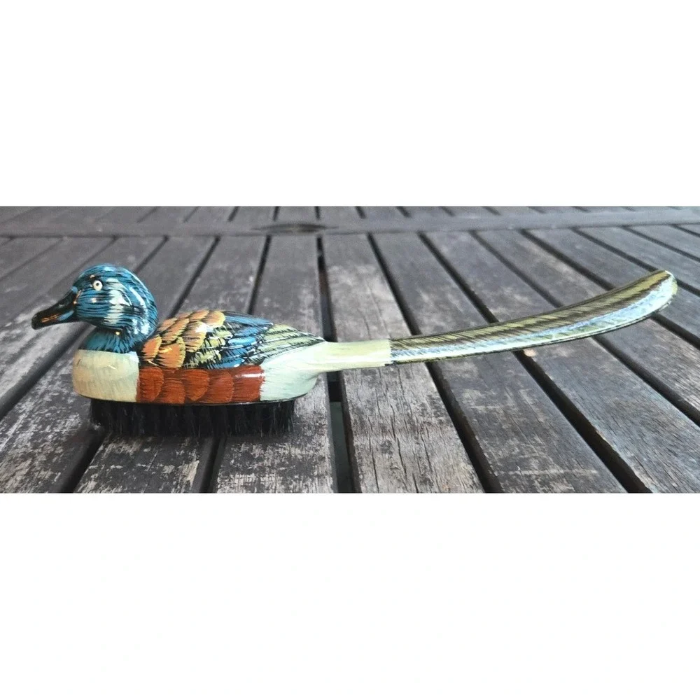 Vintage Hand Painted Wooden Mallard Duck Shoe Horn Clothes Brush Combo 10